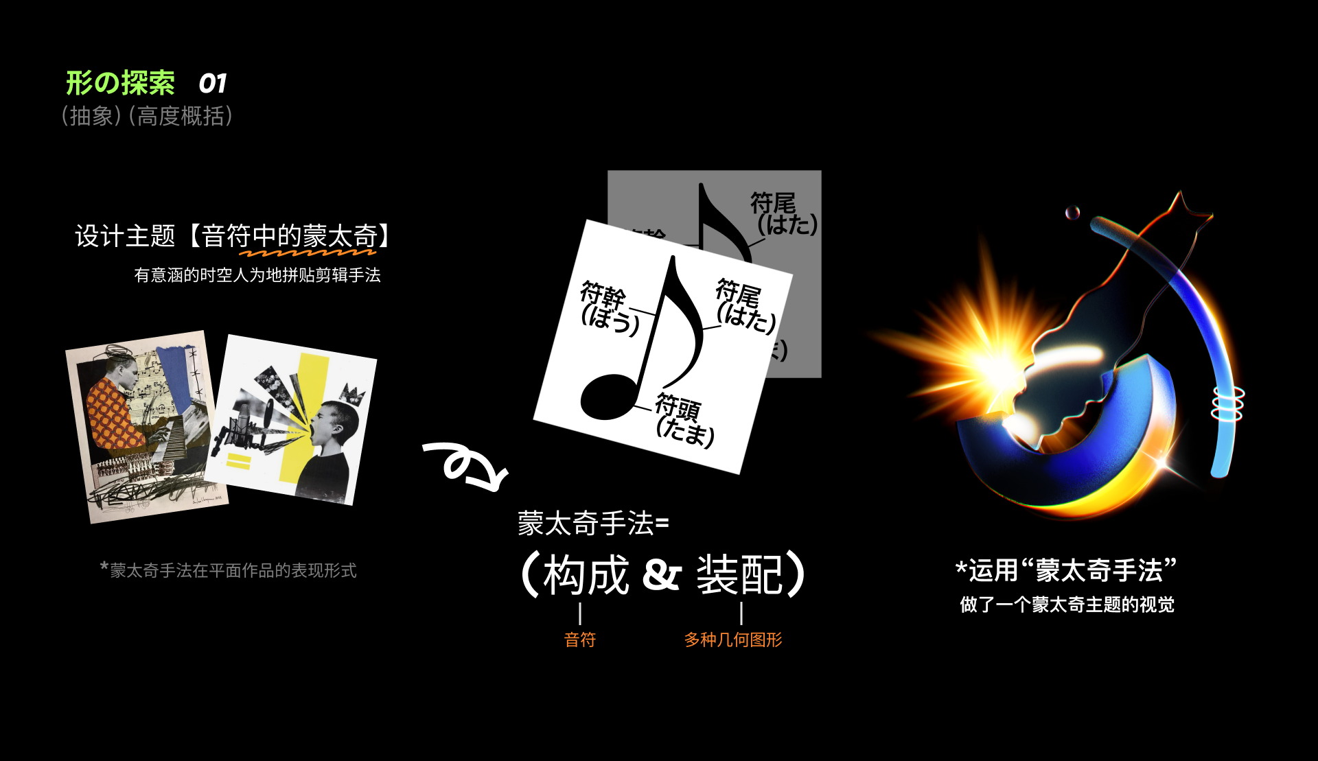 有一个结果页的主题是[千万个 音符中的蒙太奇]。首先我去搜索了一下蒙太奇手法的解释和它在平面作品中的表现手法。注释说明蒙太奇手法其实可以概括成:装配构成两个方面。在这个是视觉中，我用音符的图形来构成主视觉，再用几种不同材质的几何图形去把这个音符图形“装配”起来，其实在这个设计中也运用了一种“蒙太奇的手法。