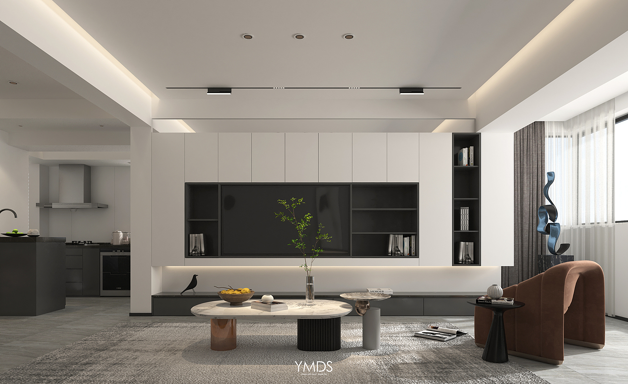 项目整体以简约现代设计为主,整体色调黑白灰为主调,电视背景墙柜门的白色,很好的放空了墙面。