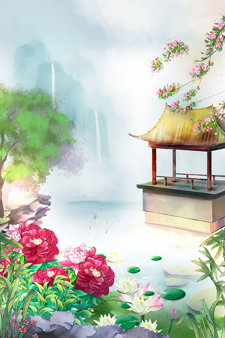 ps古典建筑场景中国风庭院游戏背景水彩插画海报设计