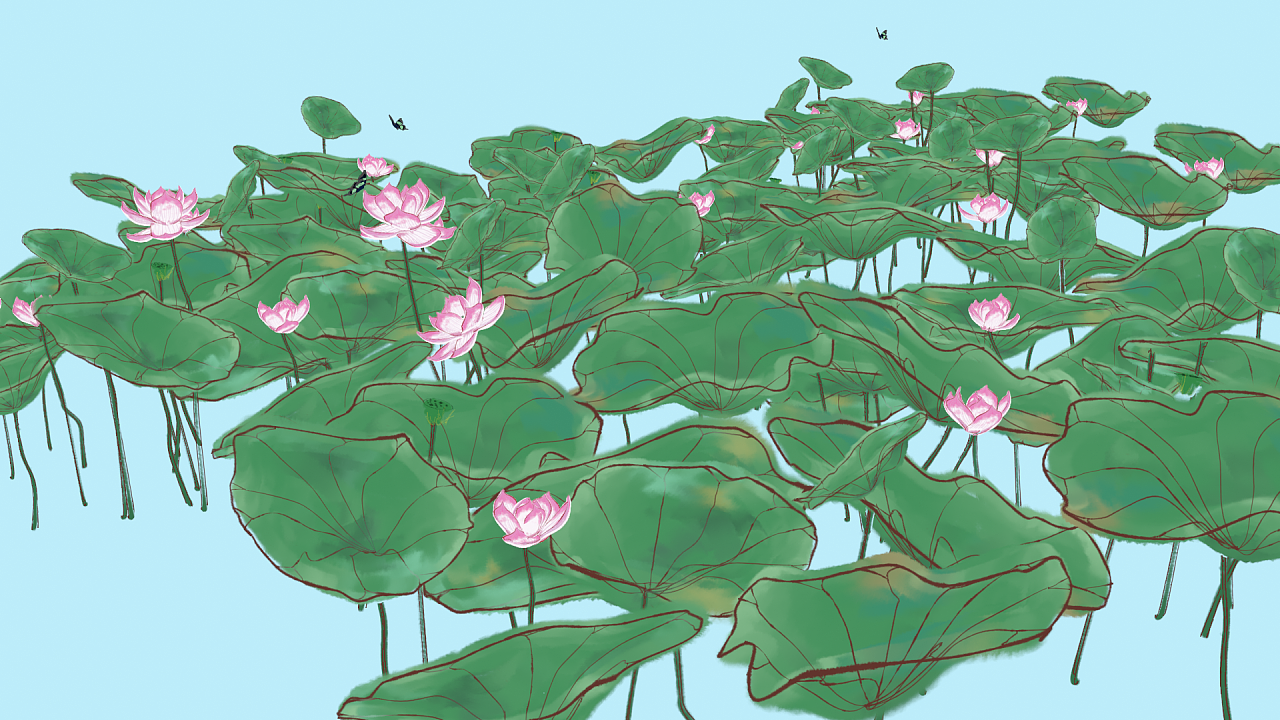 《无穷碧-仿水墨半工半写国风荷花图》