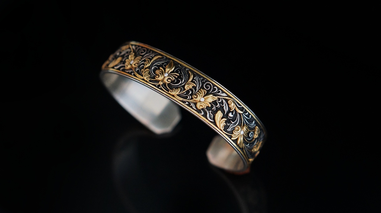 【手工雕刻唐草花纹纯银手镯】 |手工艺|首饰设计|猴哥文玩工作室