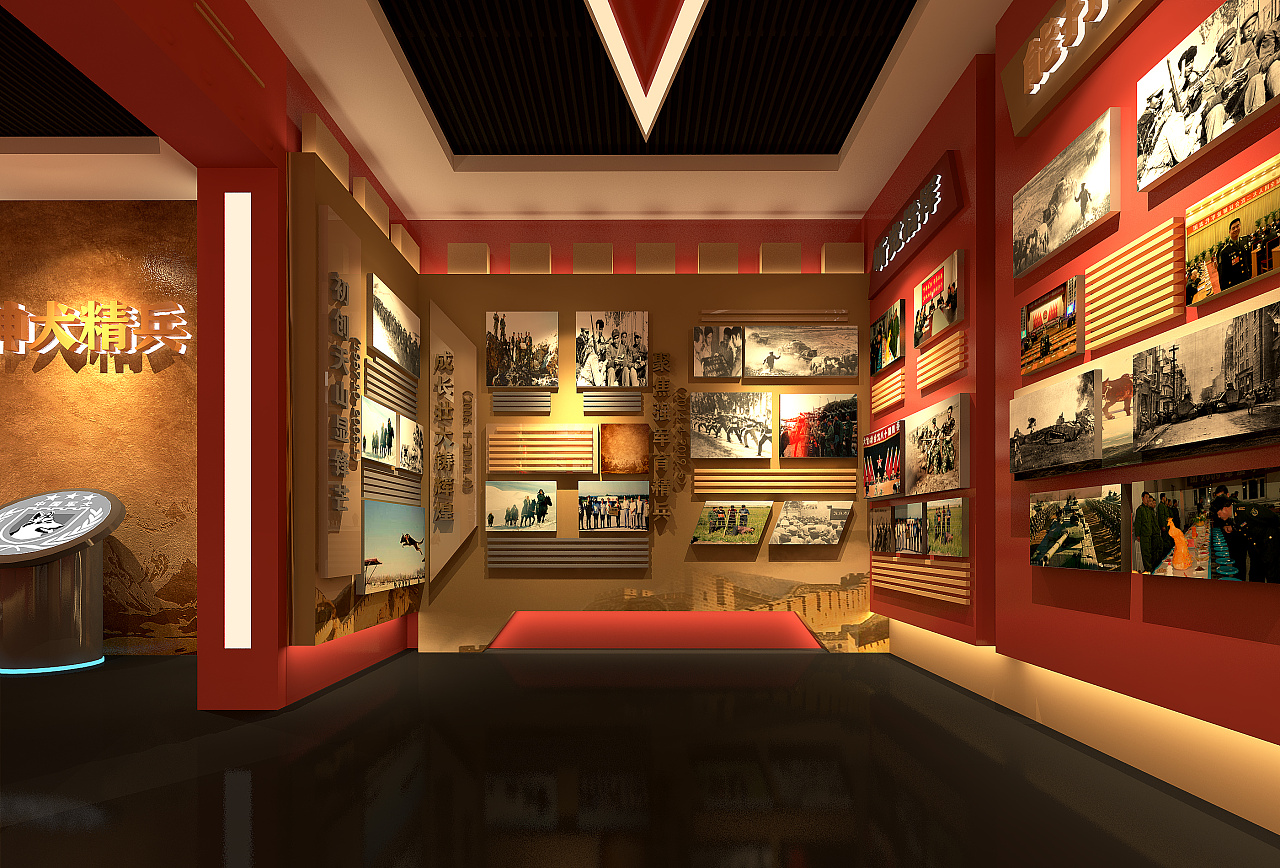 历史展厅造型墙由长城演变而来,面包土黄油画布,复古色的图文展板与之