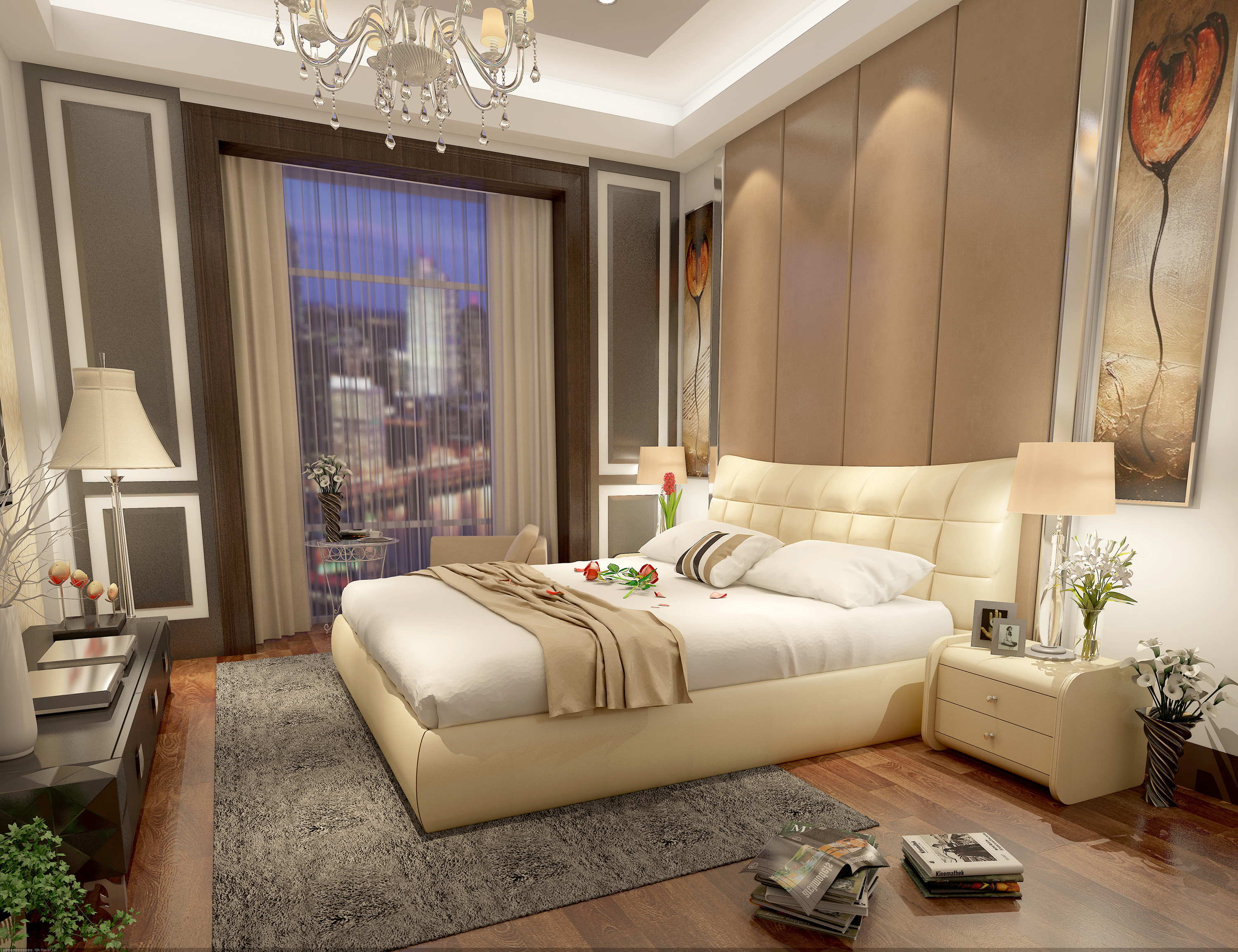 现代简约皮床,真皮床,皮床3d效果,米黄色皮床,淘宝家具3d效果,真实的