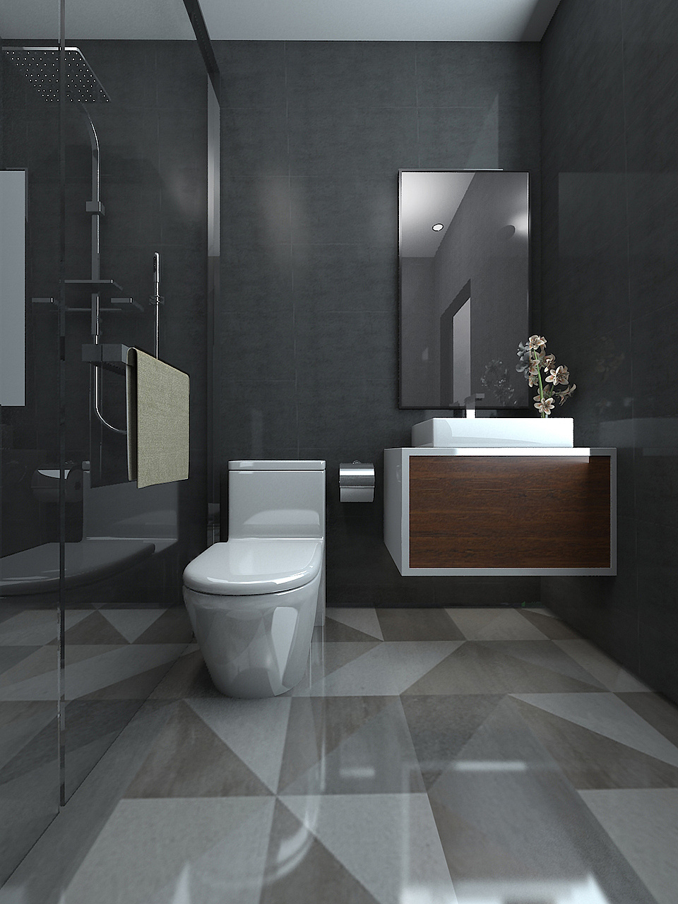 厕所的空间是最小的,深灰色的墙面和拼色几何地板,营造出一种比较前卫