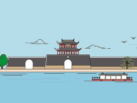 苏州古城墙插画-创作习作1127012zbq20023年前苏州建筑图标设计ui