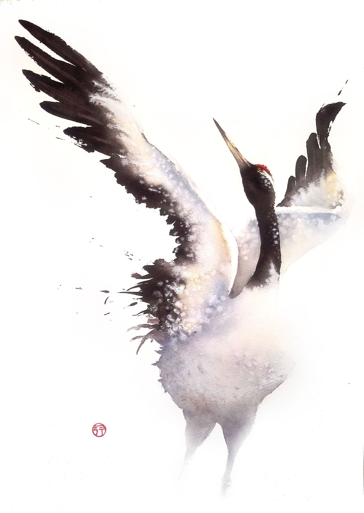 【一行写意水彩画】黑颈鹤——云在青天水在瓶