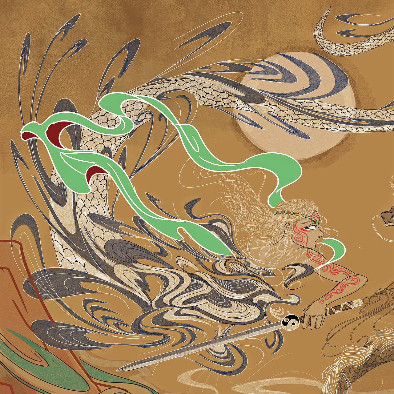 中国民间神话故事"女娲斩黑龙"的插画创作