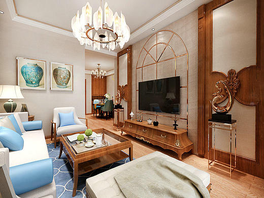 泰安万泰装饰|泰安长城一品86平美式装修效果图-卢长轩