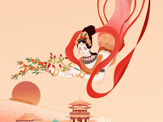 敦煌半月湖飞天·枸杞原浆包装国潮插画