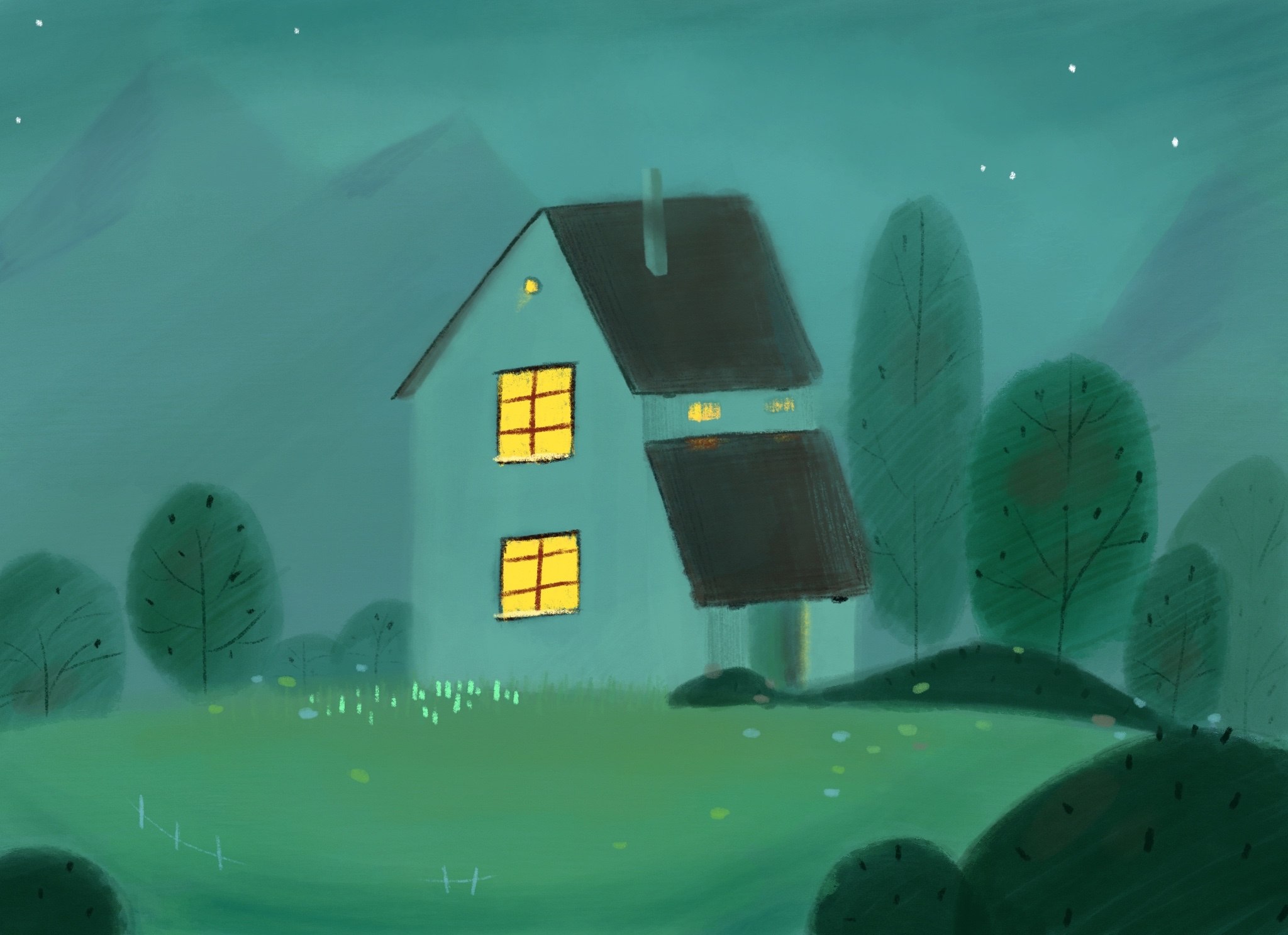 色粉风景——昼夜|插画|儿童插画|卷毛肥兔子 - 临摹作品 - 站酷