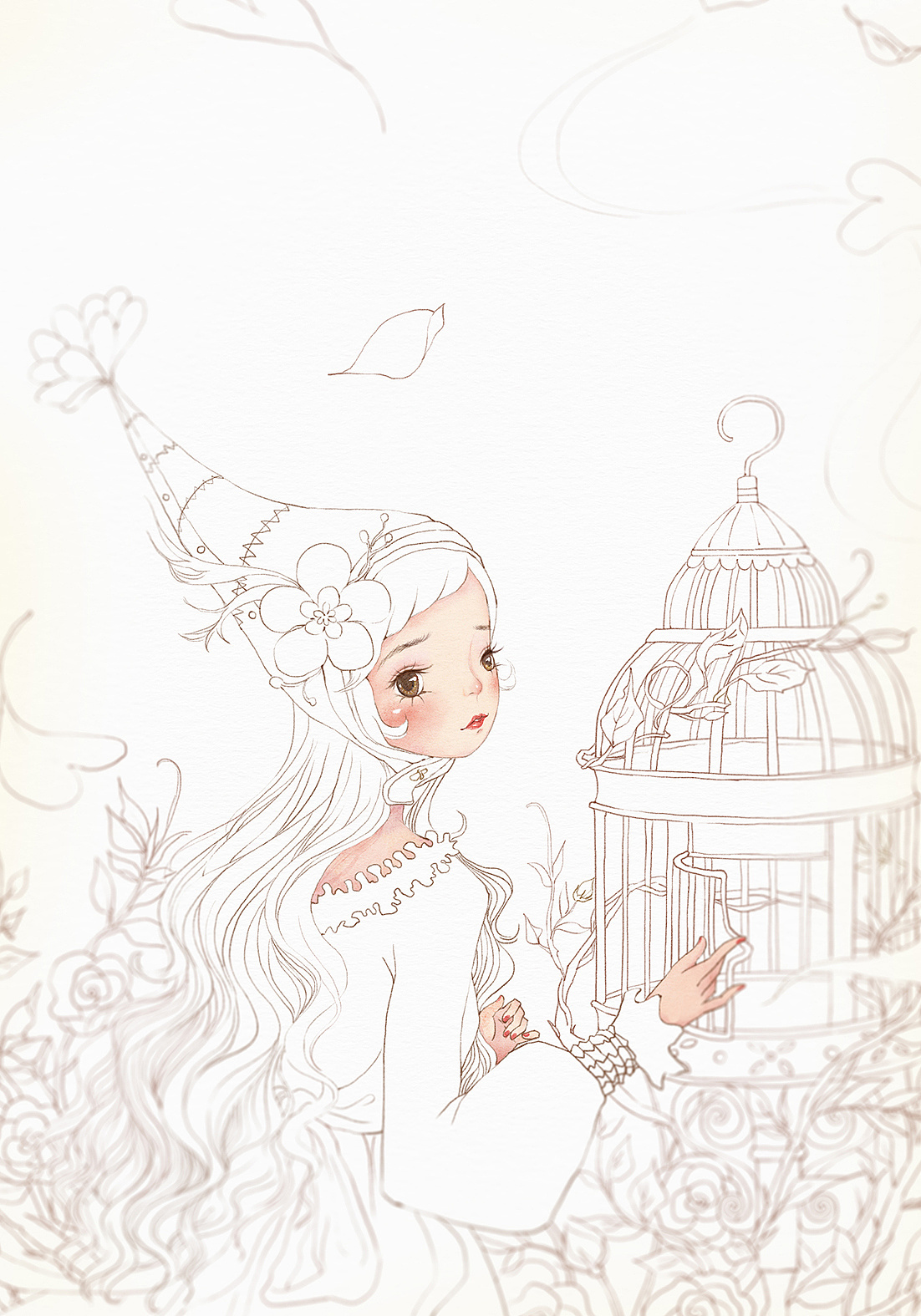 玫瑰少女插画过程