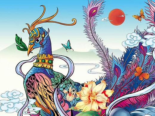 孔雀含茶小插画