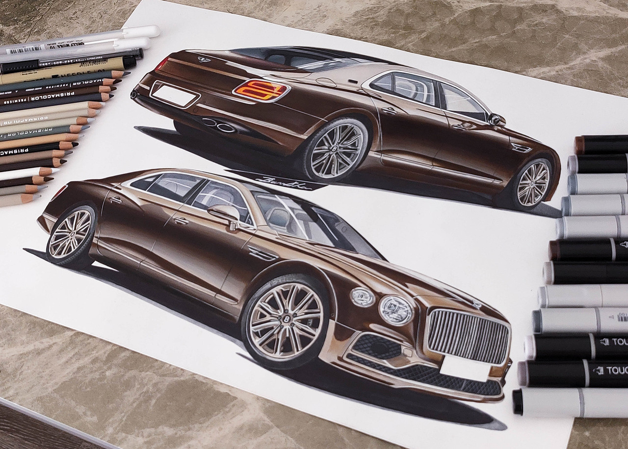 汽车手绘宾利飞驰马克笔彩铅手绘