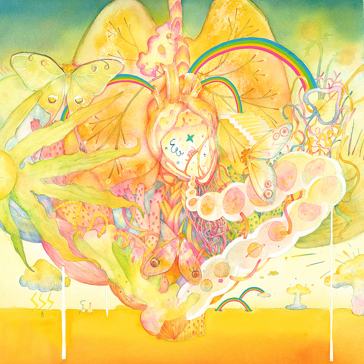 《Blooming-Mushroom Cloud》纸本水彩、综合材料;55x55cm;2018年
在大爆炸之下产生的蘑菇云,心脏从中得到维持它继续跳动的能量。<br>