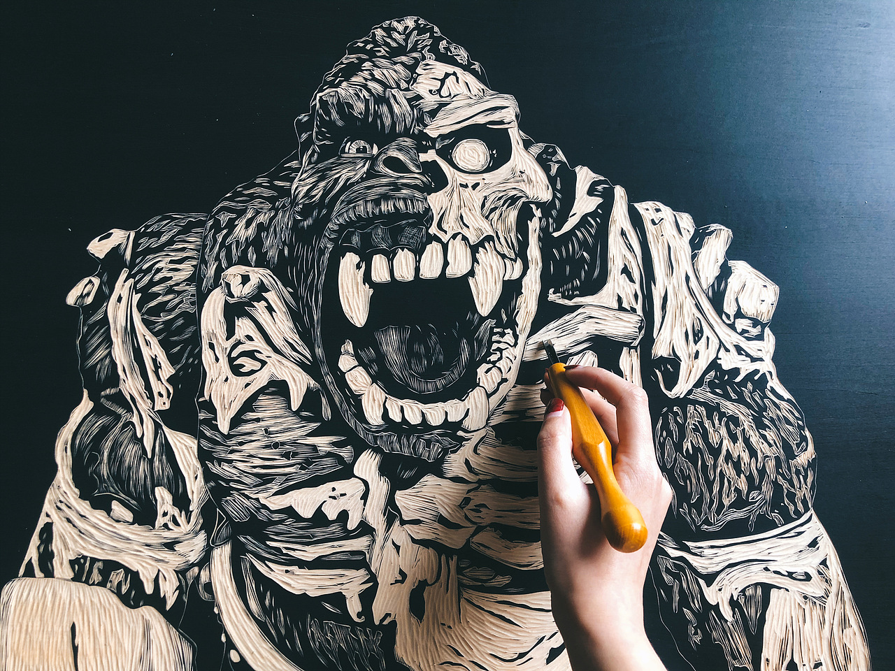 手工雕刻黑白木刻版画大久保king62ko