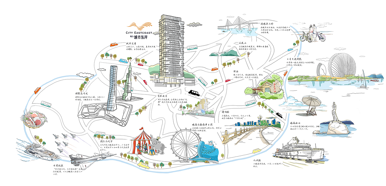 珠海海滨生活手绘地图