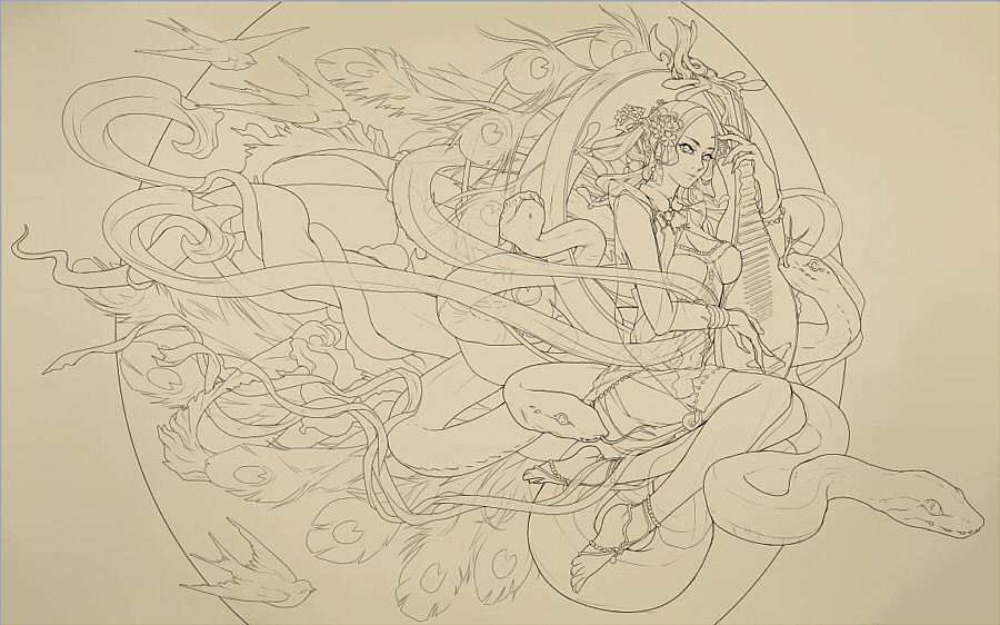 细致线稿。 后面的圆原本是想画格子窗。但是发现会跟前面的东西弄乱。修改了之前奇怪的面部表情……