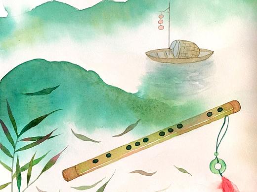 手绘水彩古风笛子山水小船