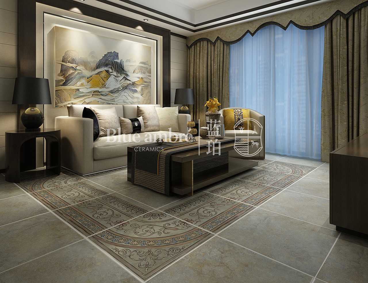 蓝珀瓷砖客厅空间搭配方案（图ZMTYxMzQ3Nzc2） - 家装设计 - 站酷设计师言兮之原创素材 - 站酷ZCOOL