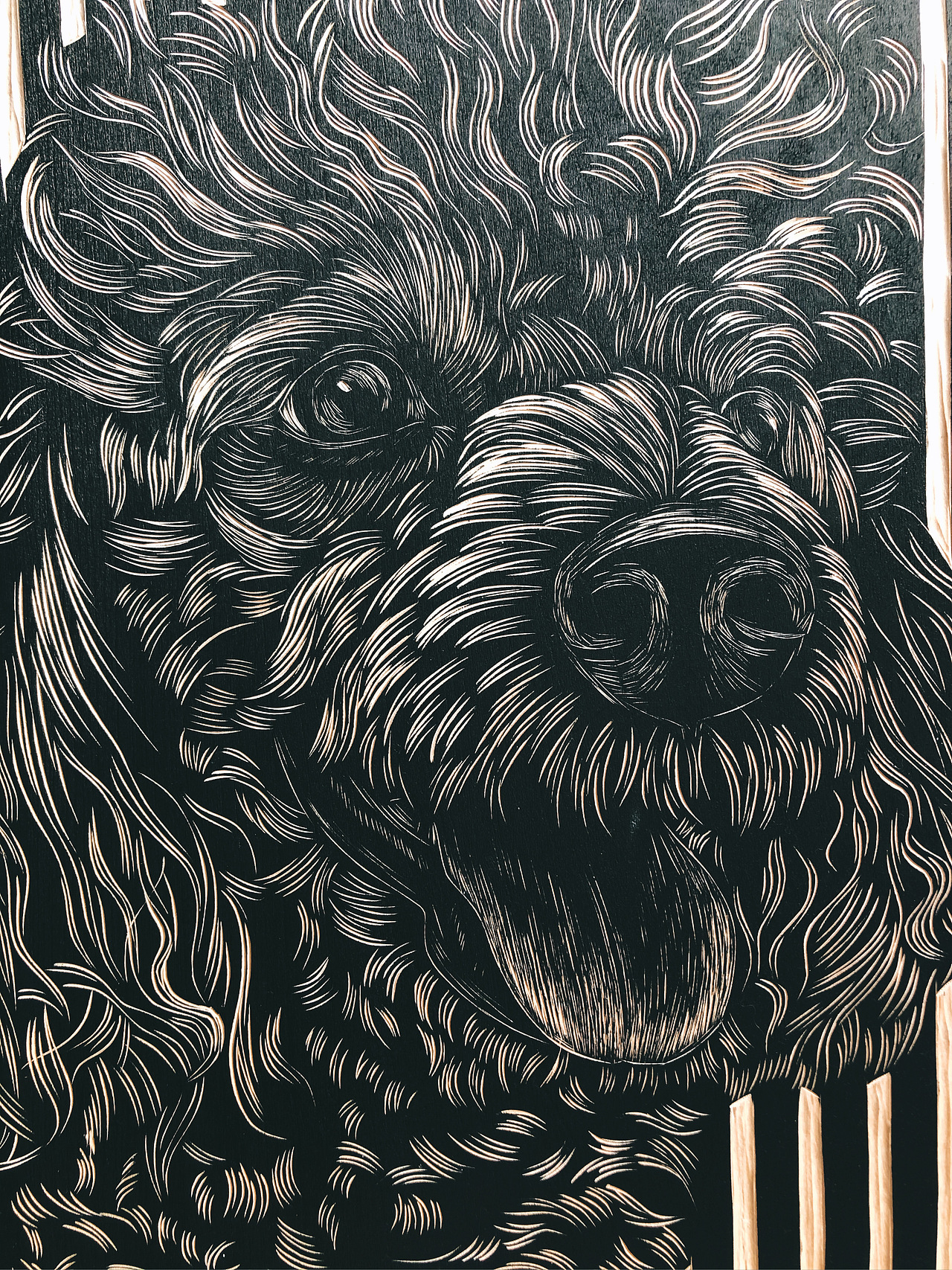 手工雕刻宠物黑白木刻版画