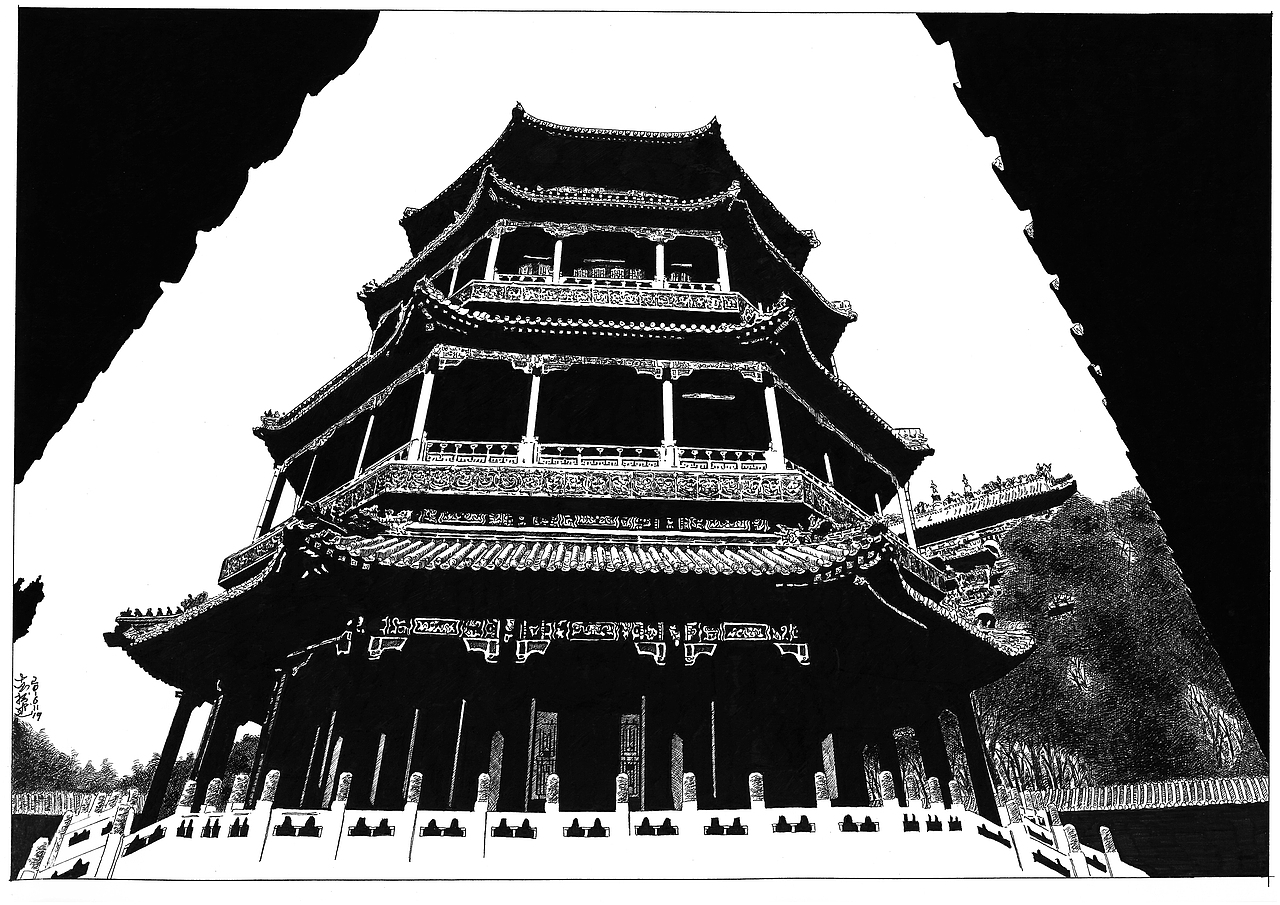 古建筑黑白涂鸦（图ZNjcwMjA3MDQ=） - 绘画 - 站酷设计师loong_原创素材 - 站酷ZCOOL