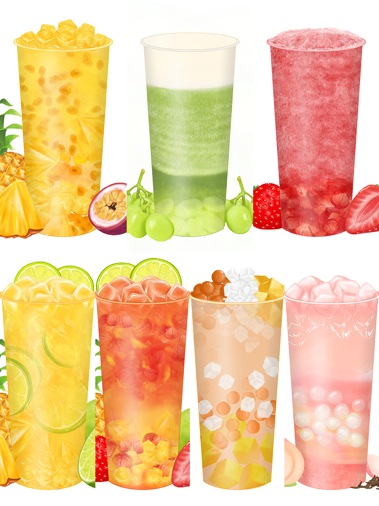 原创作品插画商业插画果茶奶茶柠檬茶外卖插画饮品水果茶手绘果茶四季