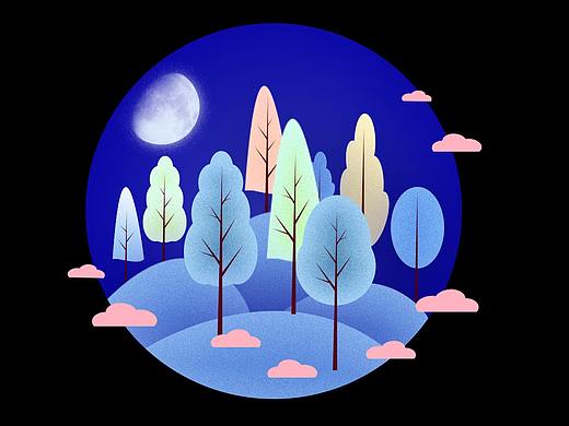 夜晚的树林——肌理插画