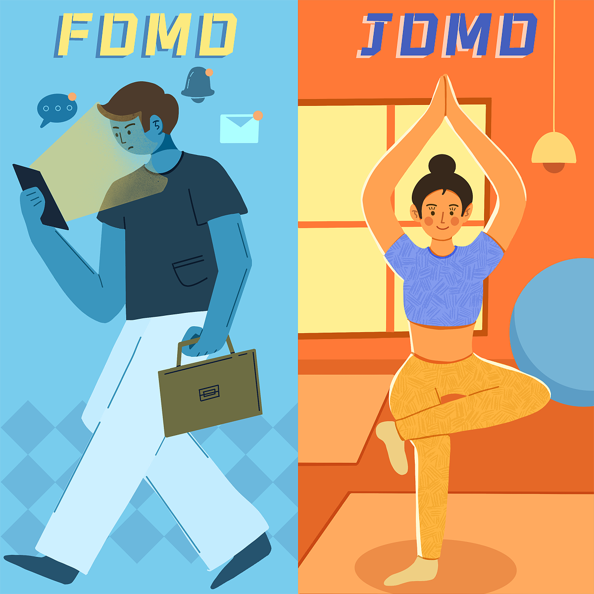 FOMO vs JOMO心情插画
