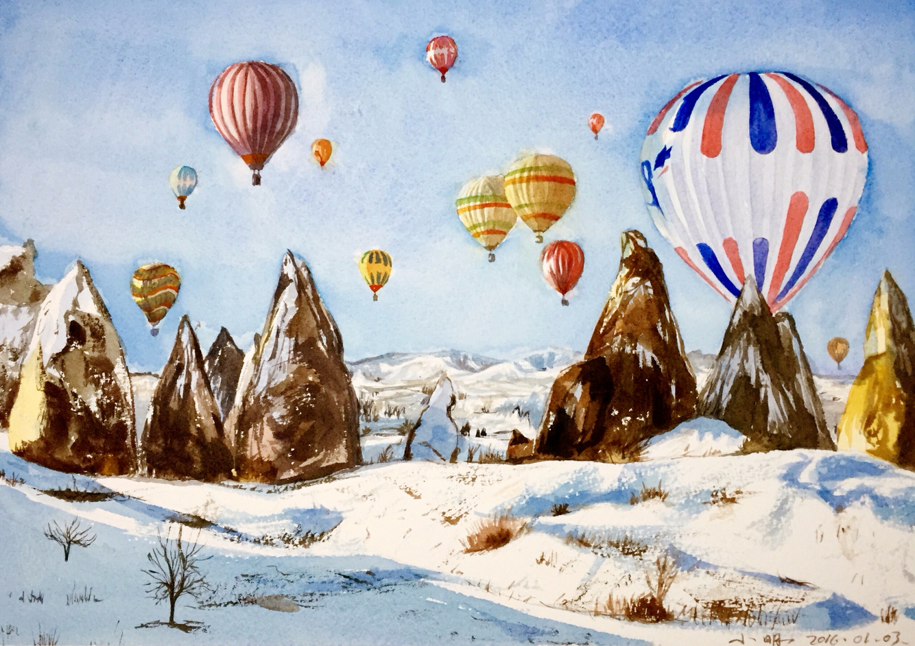 水彩风景-热气球