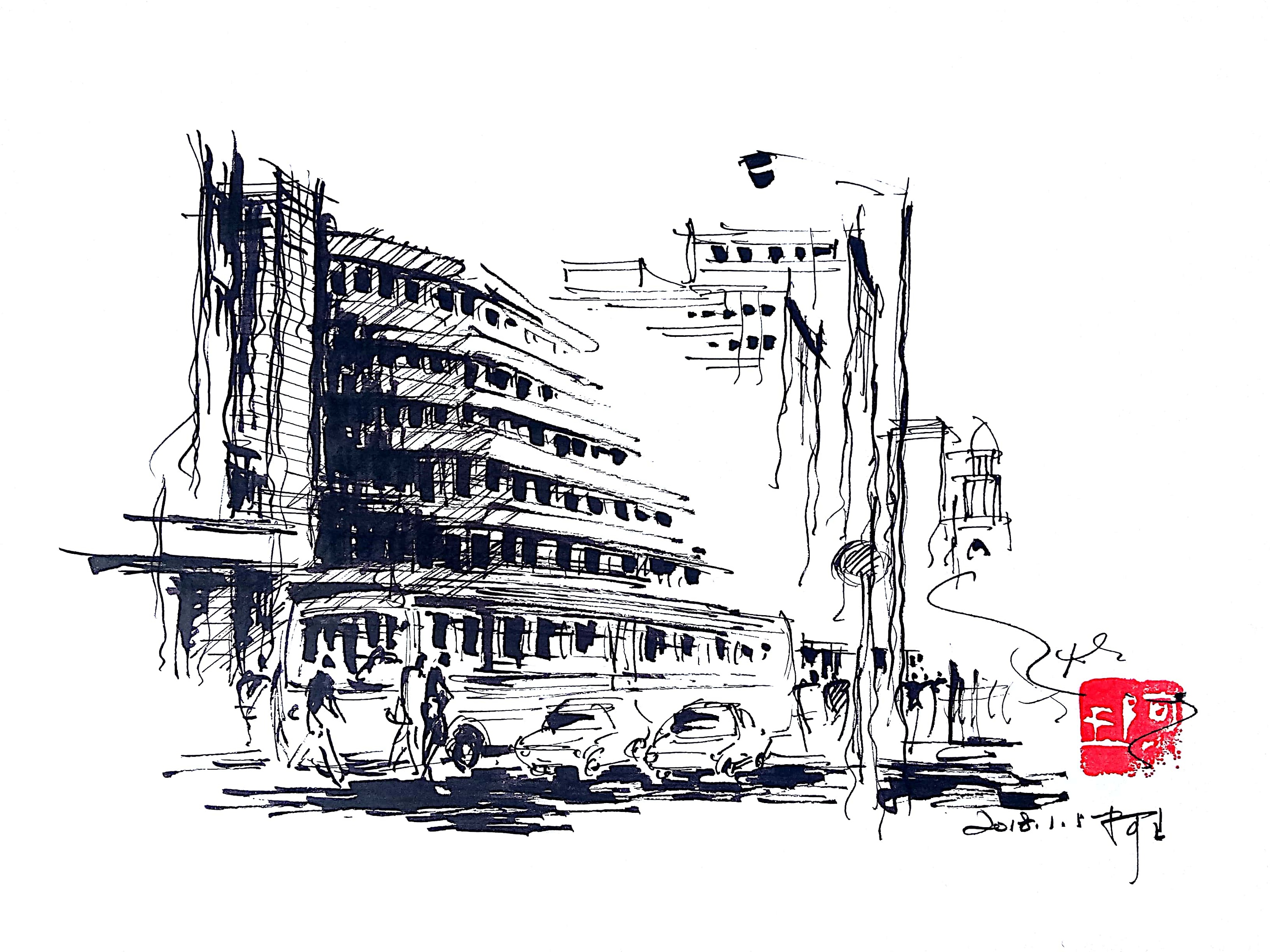 速写风景建筑速写阿王速写