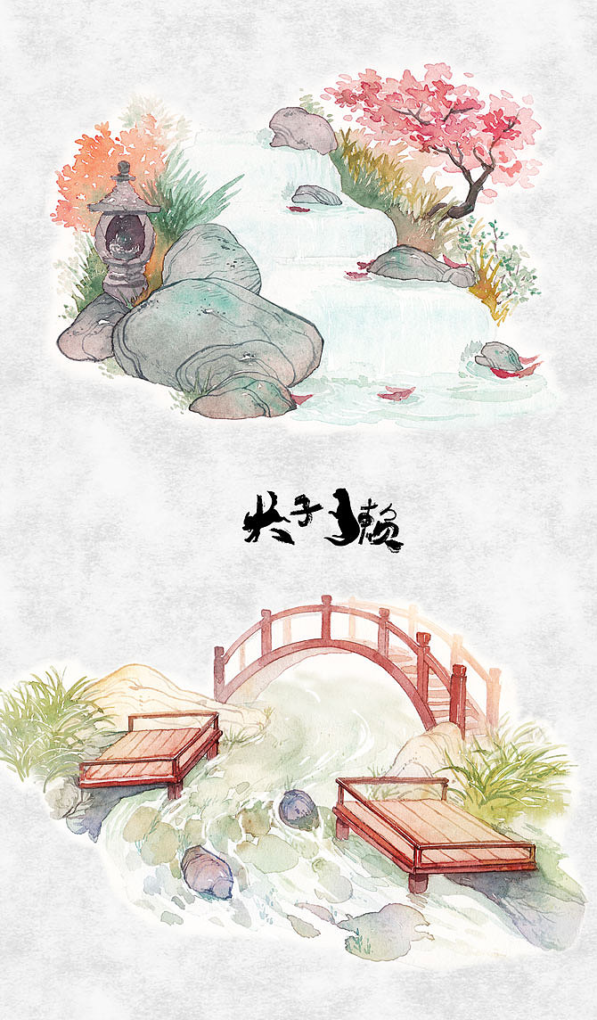 古风手绘水彩手账商业稿件合集/物件、风景、花卉