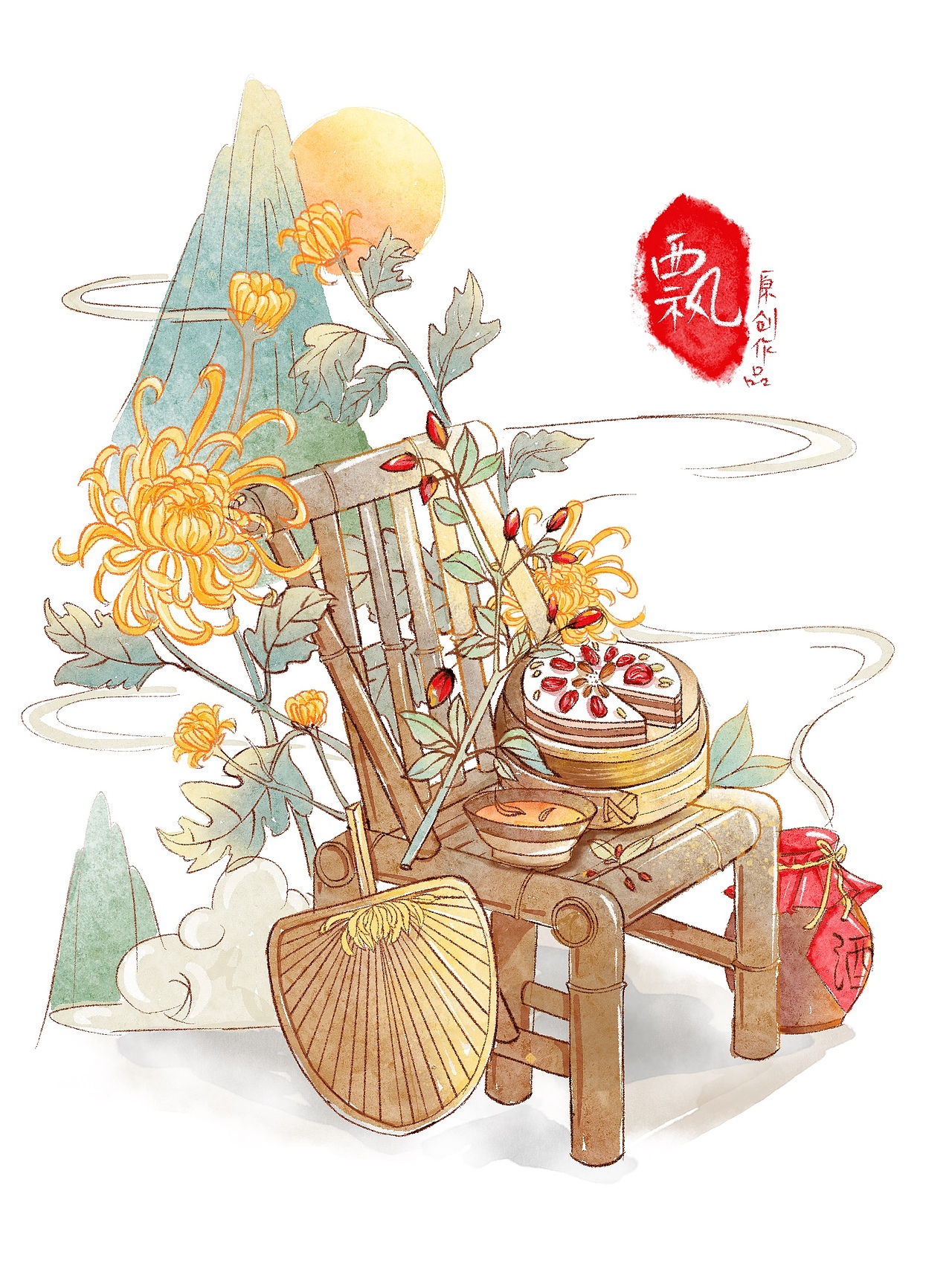 中国传统节日 国风水彩 重阳（图ZMjcwMTc5MTY4） - 商业插画 - 站酷设计师飘小七原创素材 - 站酷ZCOOL