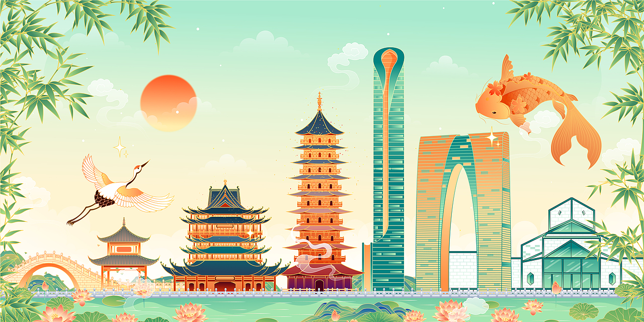 国潮风苏州建筑插画（图ZMjM4OTUyOTI4） - 商业插画 - 站酷设计师晚风在画画原创素材 - 站酷ZCOOL