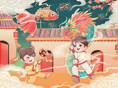 2024国潮新年舞龙插画