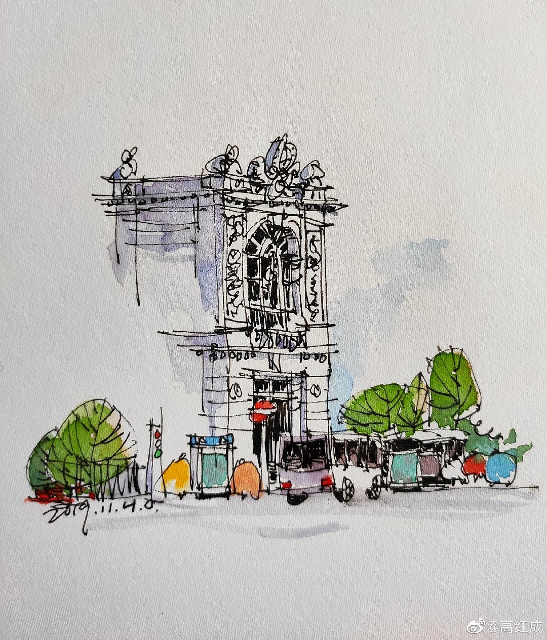 钢笔淡彩建筑风景速写