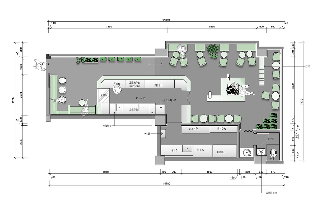 入门便捷饮茶区、中段水吧区、和后段休闲打卡区的区域设计实现了品牌”饮食服务“、“休闲社交”、”文化体验”三类服务