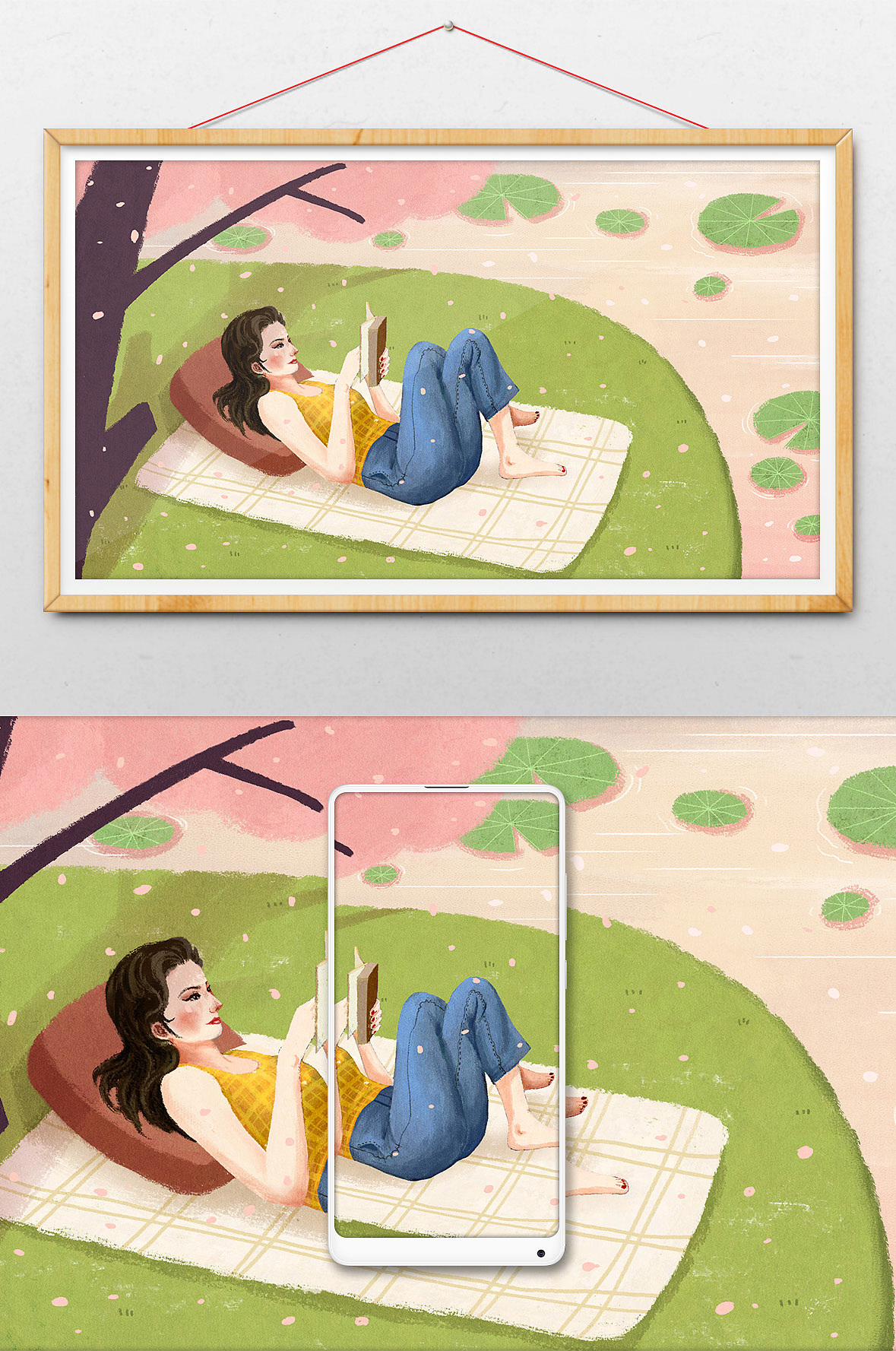 樱花树下看书的女人（图ZMTA5ODI3MDI4） - 商业插画 - 站酷设计师苅安原创素材 - 站酷ZCOOL