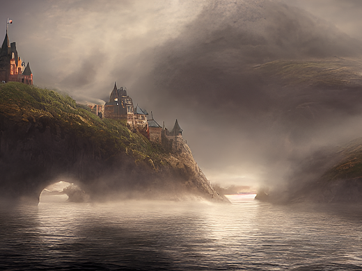 #站酷梦笔#海面上有一座城堡,有桥,有路,迷雾