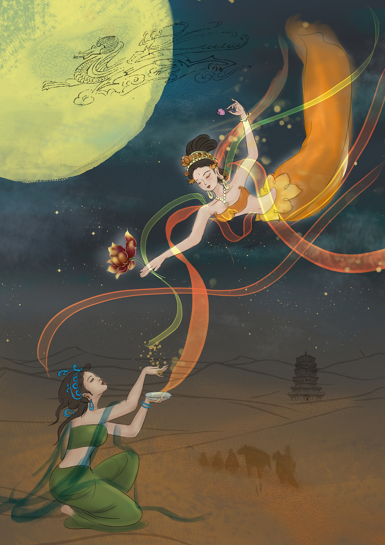 敦煌主题插画习作//敦煌一梦