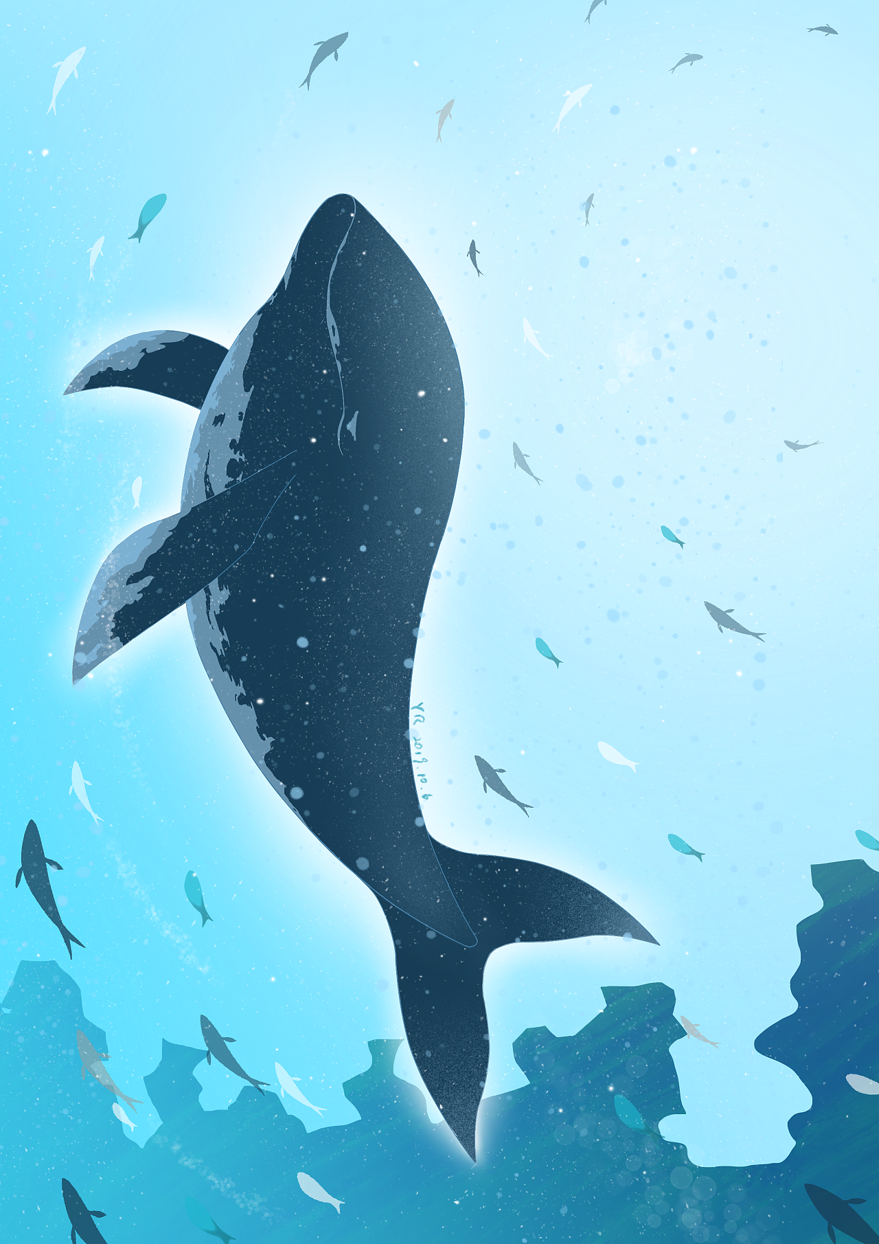 鲸的画法水彩 手绘水彩鲸鱼画 - 水彩迷