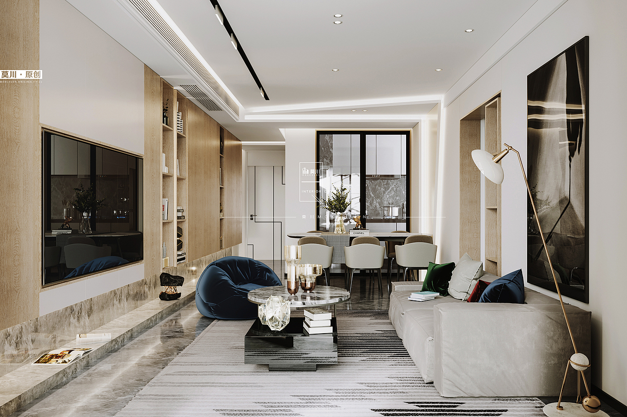 入户玄关到电视背景墙采用悬挑式设计，地下石材地台延伸到入户玄关位，拉长空间延伸感。
<br>客厅吊顶“7字形”设计从顶到墙，运用灯带的氛围增加流线感，烘托空间的现代感，整体天花采用无主灯设计，保证整体的一个层高视觉效果。