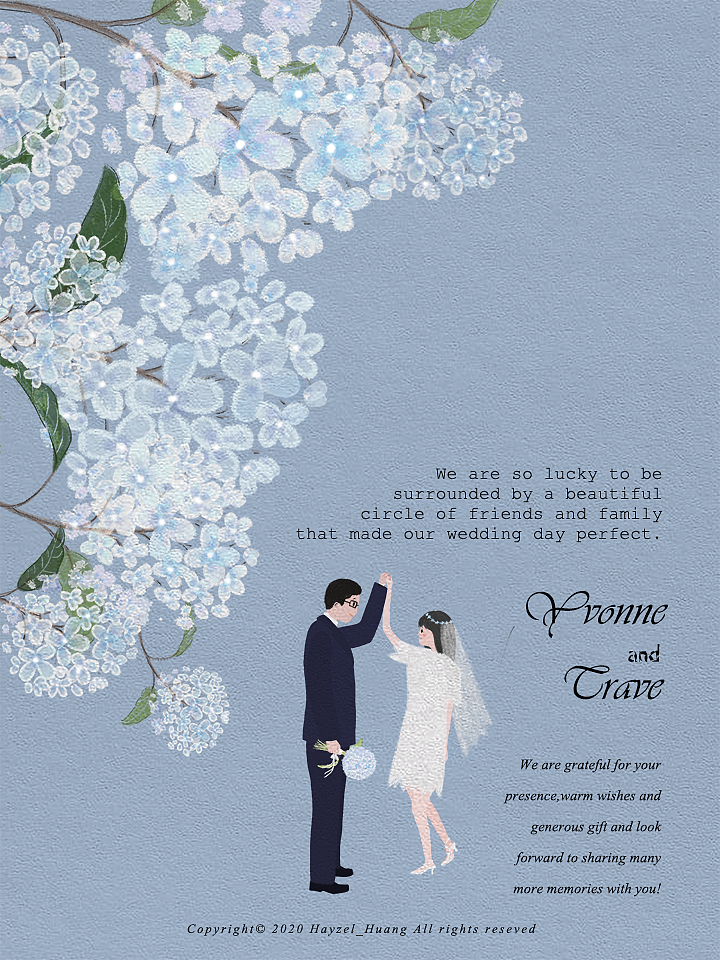 清新蓝色植物系婚礼手绘请柬感谢卡原创插画设计