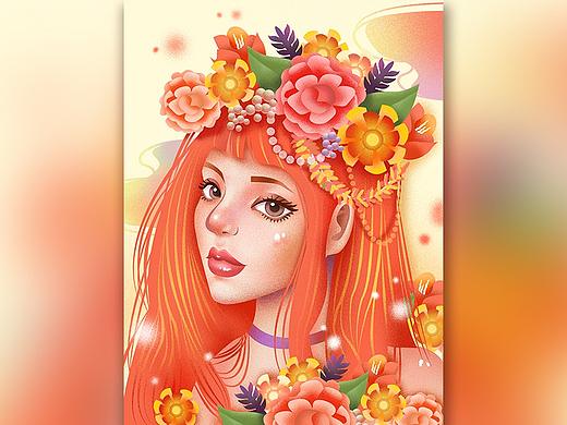 珊瑚红女生半身插画