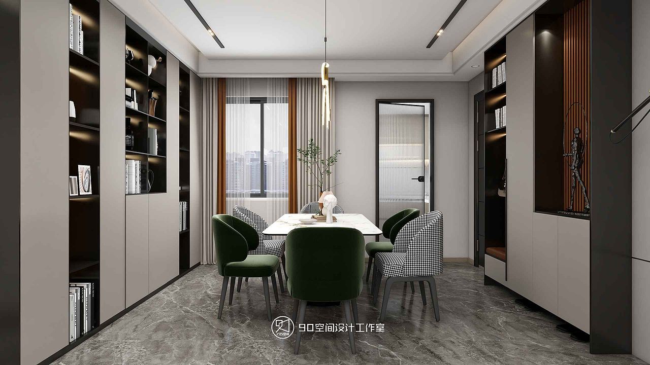 餐厅两侧均打造到顶边柜，白色柜面与黑框柜格的相交展现
为空间提供了更加丰富的层次视感，搭配壁柜中的暗设灯条<br>温暖光线的照耀之下也尽显生活的低调与奢华