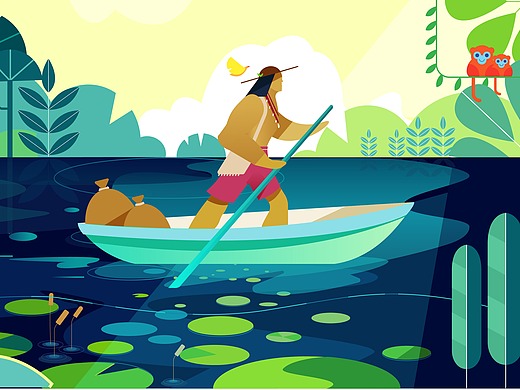 插画河面,划船