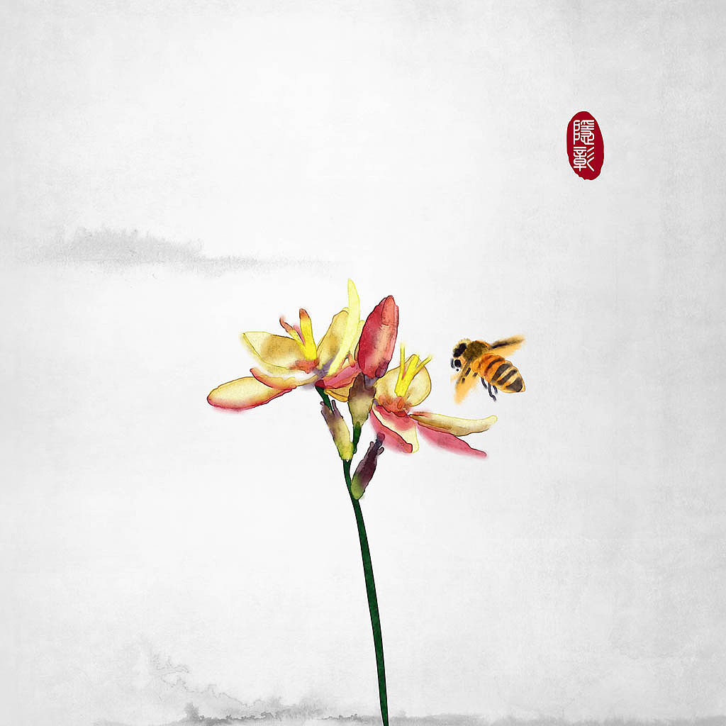鲜花和蜜蜂意境24节气水墨画中式中国风古风插画