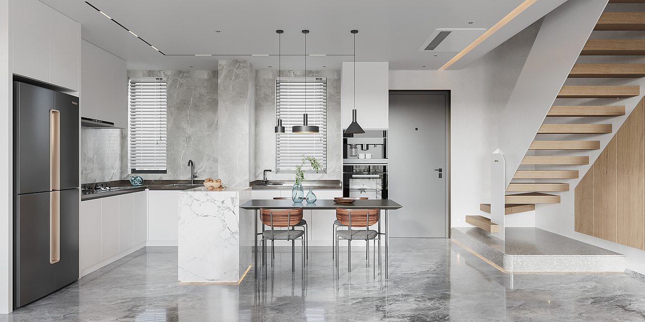 现代风格效果图(一楼客餐厅和二楼小阁楼)