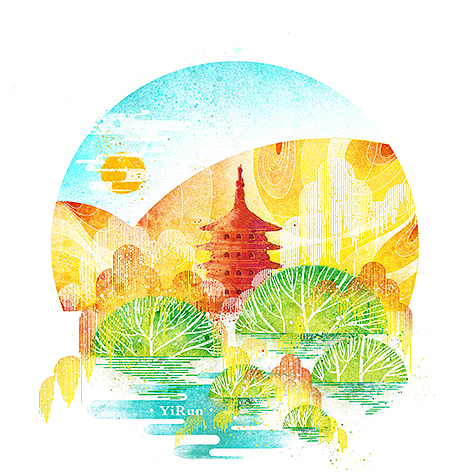 【国潮插画】|西湖十景系列（图ZOTEyNzIyOTI=） - 艺术插画 - 站酷设计师什野YE原创素材 - 站酷ZCOOL