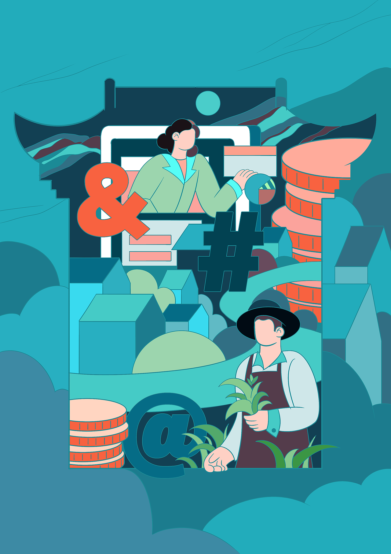 新一期日报风插画《数字化助农》