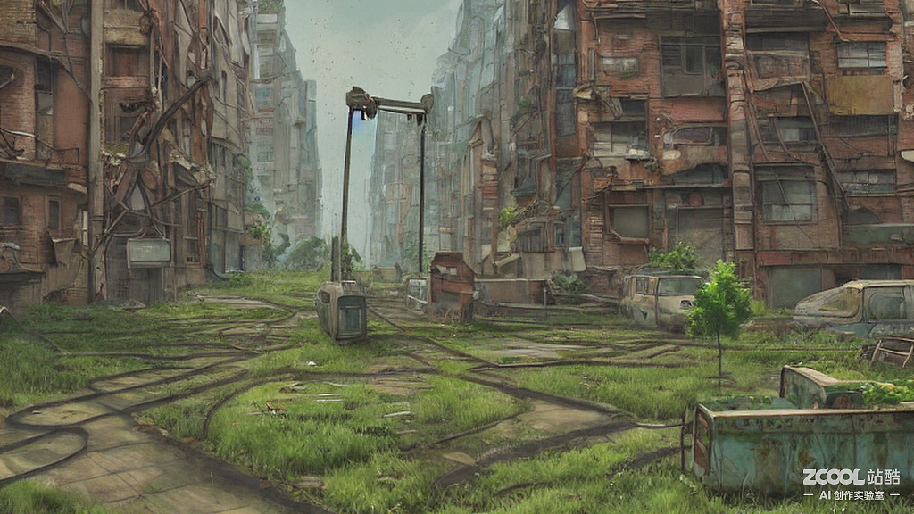 #AI创作实验室#破败建筑，生锈，绿色植物从裂缝中